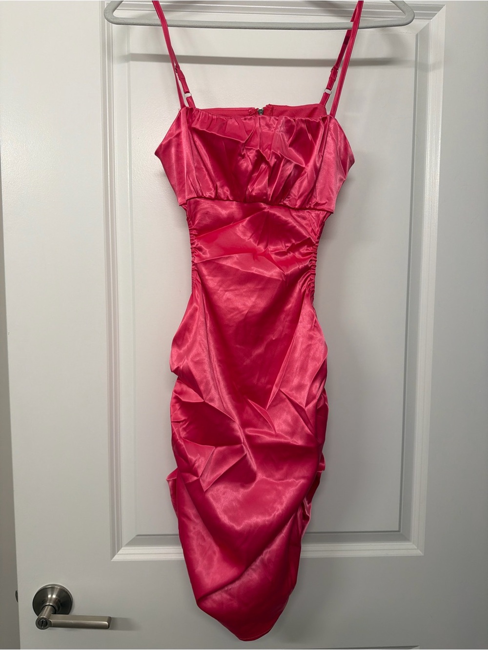 Satin Spaghetti-Strap Mini Dress in Hot Pink